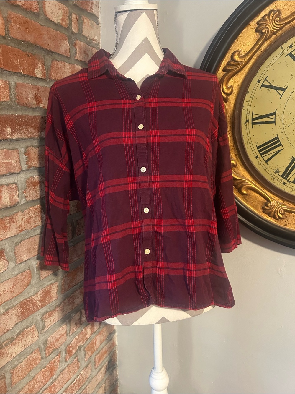 Old Navy • 100% Cotton Red Plaid Embroidered Flannel Blouse